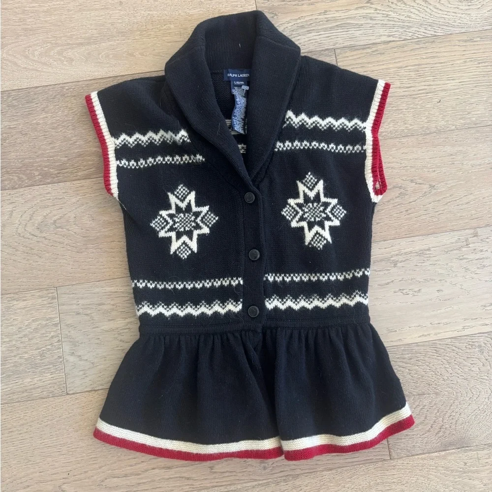 Ralph Lauren Black Knit Peplum fair isle Vest large